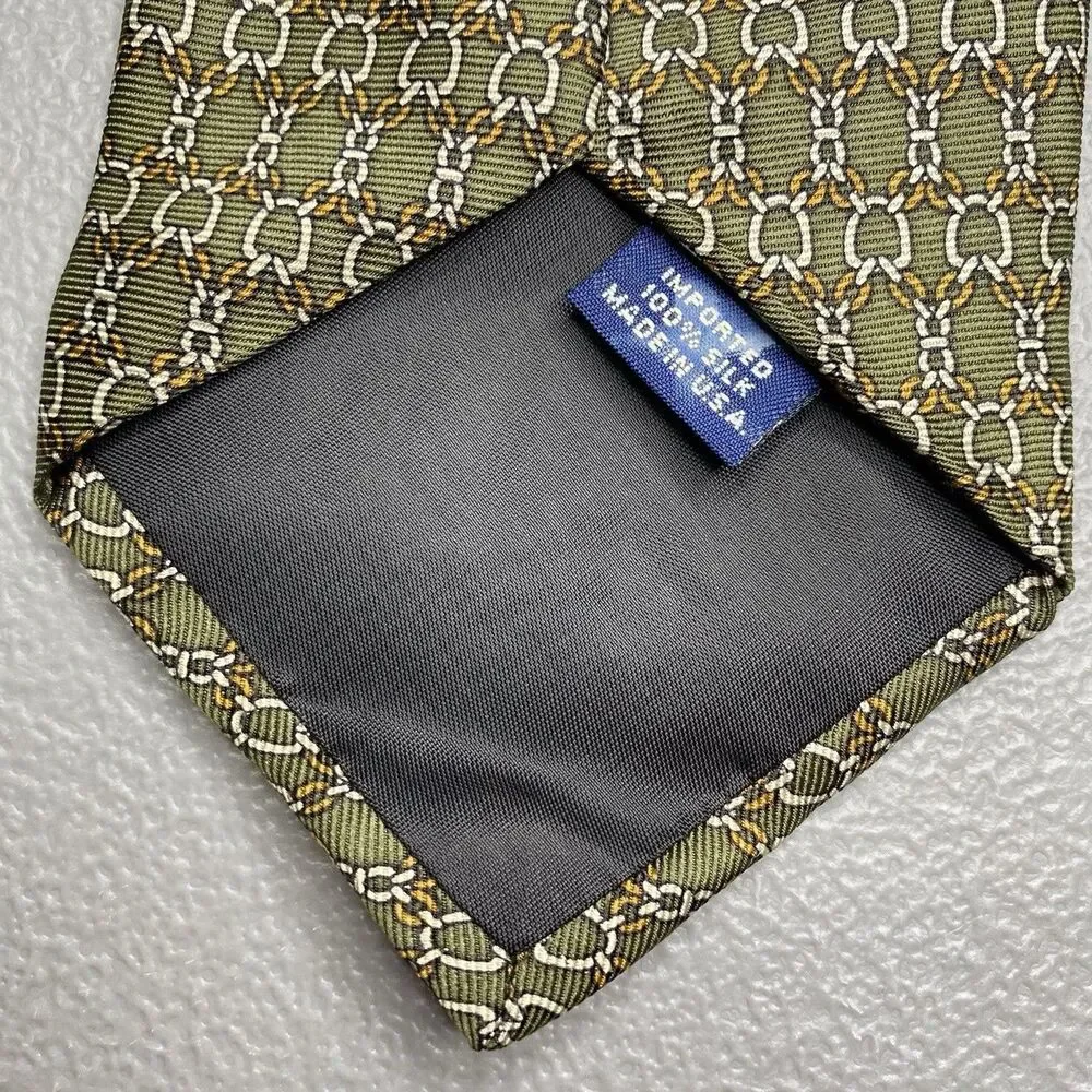 Saks Fifth Avenue Silk Tie Geometric Chain Bridle Motif Vintage Mens Green Gold